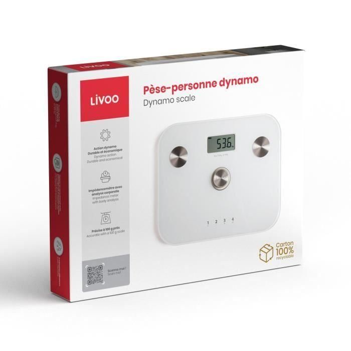 Báscula de impedancia de dinamo - LIVOO - DOM465W - Sin batería - 6 indicadores - Máx. 150 kg - 4 perfiles - LCD - Blanco 3