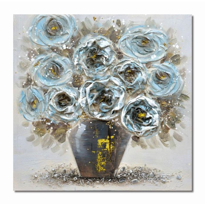 DKD Home Decor Cuadro hecho a mano Diseño Florero Azul Celeste Gris 60x60 cm en Lienzo y MDF, Set de 2 Unidades 1