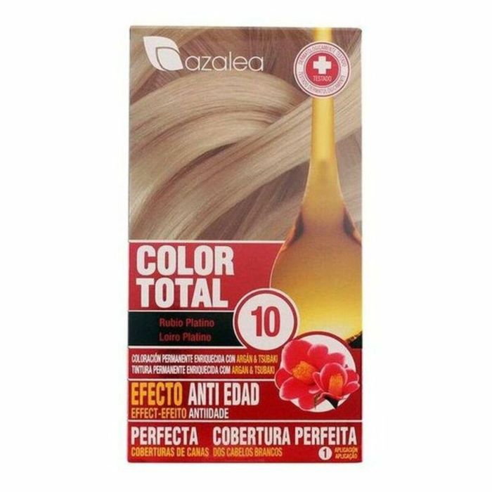 Azalea COLOR TOTAL Tinte de Pelo Permanente en Crema #10 Rubio Platino con Aceite de Argán y Tsubaki - Cubre Canas, Aclara 3 Tonos Azalea COLOR TOTAL Tinte de Pelo Permanente en Crema #10 Rubio Platino con Aceite de Argán y Tsubaki - Cubre Canas, Aclara 3 Tonos