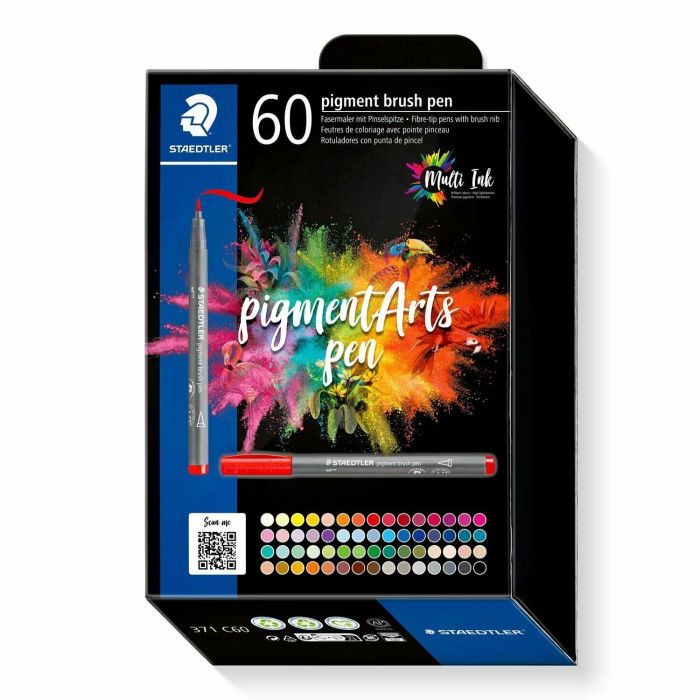 STAEDTLER 60ST Rotuladores Pincel Pigment Arts, 60 Colores Surtidos, Tinta Base Agua, Plástico Reciclado