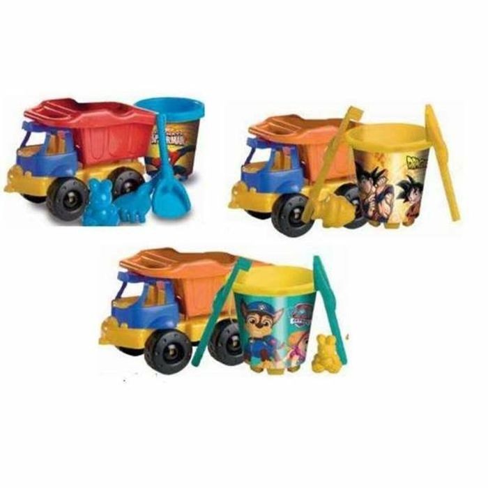 Camion (spiderman, paw patrol, dragon ball) cpn cubo cubo, pala, rastrillo y molde - modelos surtidos