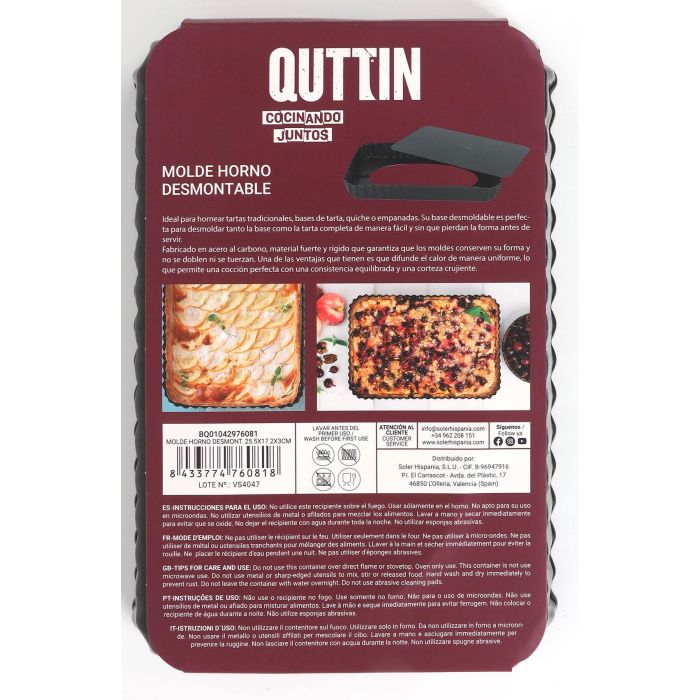 Molde para horno desmontable Quttin 25.5x17.2x3 cm (12 Unidades) 12 Molde para horno desmontable Quttin 25.5x17.2x3 cm (12 Unidades) 12