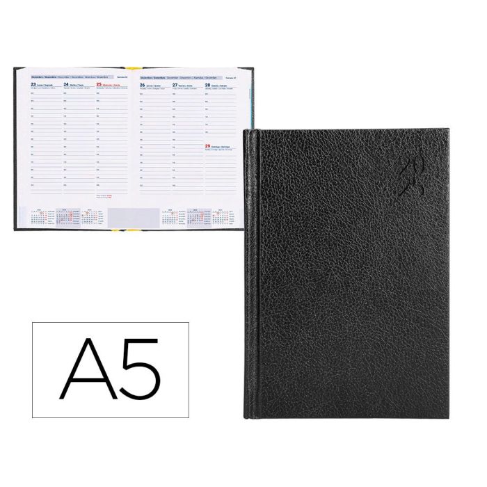 Agenda Encuadernada Liderpapel Corfu A5 2025 Semana Vista Negro Papel 60 gr