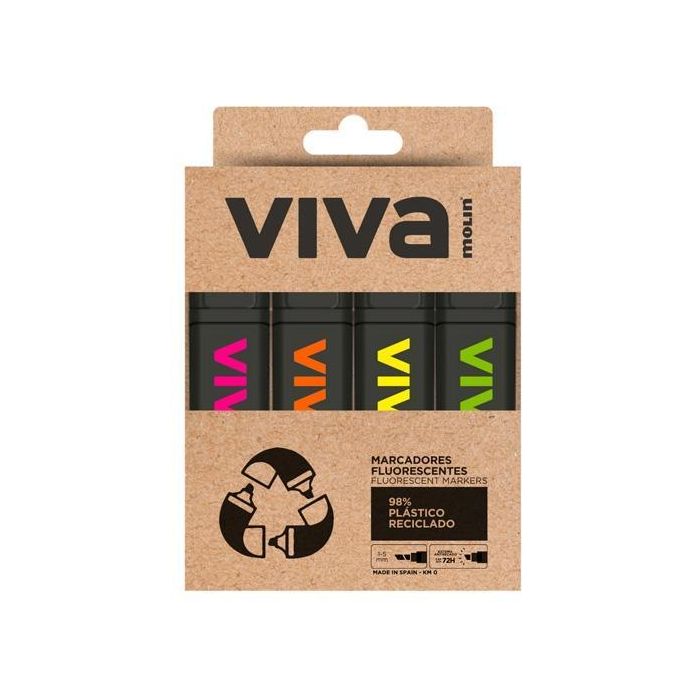 Molin Marcador Fluorescente Viva Eco - Estuche 4 Unidades, Tinta Universal Extra Luminosa, Punta Ideal para Subrayar, 98% Plástico Reciclado