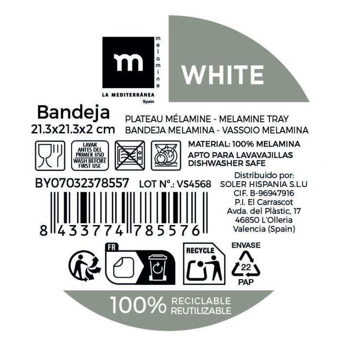 Bandeja Melamina White 21.3x21.3x2 cm La Mediterran - Inde (12 Unidades) 1 Bandeja Melamina White 21.3x21.3x2 cm La Mediterran - Inde (12 Unidades) 1