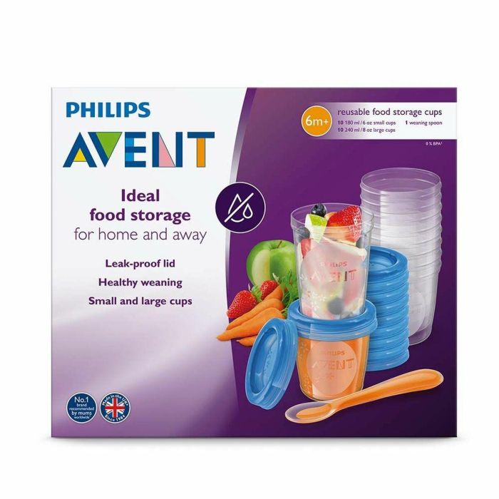 Philips Avent SCF721/20 Sistema de Conservación de Puré para Bebés 10x180ml y 10x240ml con 20 Tapas, Cuchara y Libro de Recetas 1