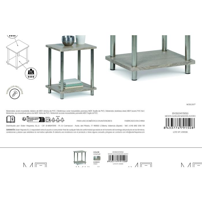 Inde Mesita Auxiliar Madera-Acero 4 cm Ancho x 40 cm Alto x 37.6 cm Largo 4 Inde Mesita Auxiliar Madera-Acero 4 cm Ancho x 40 cm Alto x 37.6 cm Largo 4