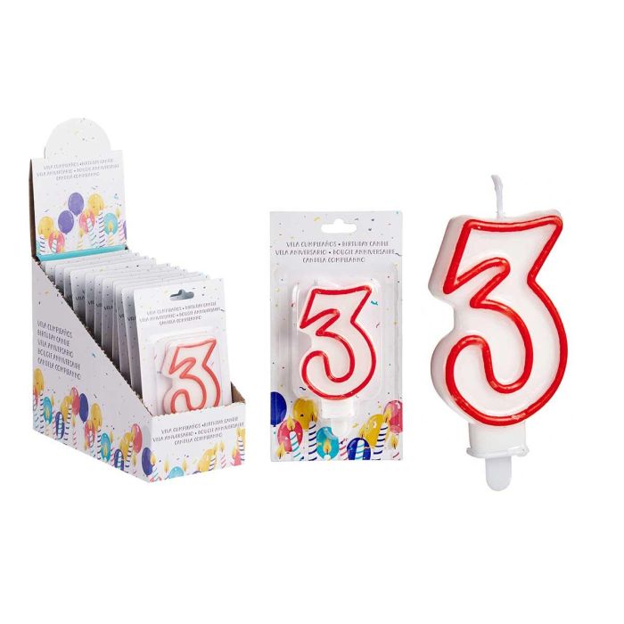 Vela Cumpleaños Número 3 Blanca Borde Rojo Arte Regal 4.2x8.2x1 cm (72 Unidades) Vela Cumpleaños Número 3 Blanca Borde Rojo Arte Regal 4.2x8.2x1 cm (72 Unidades)