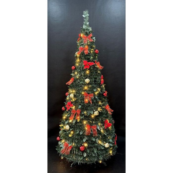DKD Home Decor Árbol de Navidad Tradicional con Luces LED IP44 Plegable Verde y Rojo 180 cm Alto x 71 cm Ancho PVC