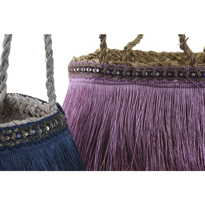 DKD Home Decor Cesta Boho Lila Azul 34 x 40 cm (4 Unidades) con Flecos Hecho a Mano Reciclable 1