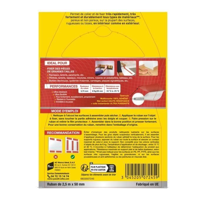 Cinta adhesiva de doble cara - CYANOLIT - Cinta Koltout XXL - 2,5 x 49 mm - Alta adherencia - Discreta y resistente 2 Cinta adhesiva de doble cara - CYANOLIT - Cinta Koltout XXL - 2,5 x 49 mm - Alta adherencia - Discreta y resistente 2