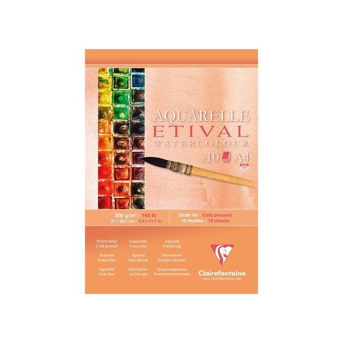 Bloc De Dibujo Clairefontaine Etival Acuarela Encolado Blanco Grano Fino A4 300G 10H (Set de 5)