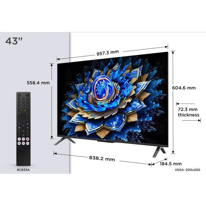 TCL 43T69C - Televisor QLED de 43 pulgadas (109 cm) - 4K UHD 3840x2160 - HDR10+ - Android TV - 3xHDMI 2.1 - Wi-Fi 4