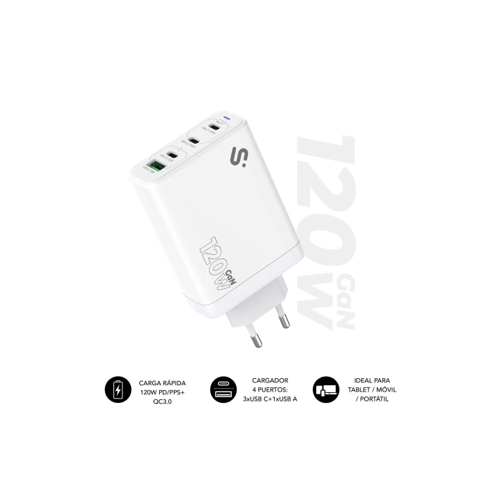 Subblim SUBCHG-6G1204 Cargador de Pared GaN Ultra Rápido 120W con 3x USB-C y 1x USB-A para Portátiles, iPhone, iPad, Galaxy y Smartphones Blanco