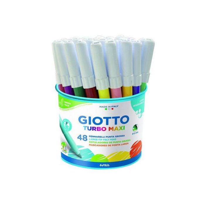 Giotto Rotuladores Turbo Maxi Colores Surtidos, Punta 5mm Superresistente, Tinta Superlavable, Bote 48 Unidades