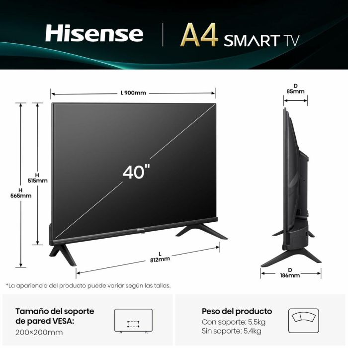Hisense 40A4Q Smart TV 40" Full HD (101.6 cm) con WiFi, HDR, DLED, VIDAA U8.5 y DVB-T2/C/S2 Negro 22 Hisense 40A4Q Smart TV 40" Full HD (101.6 cm) con WiFi, HDR, DLED, VIDAA U8.5 y DVB-T2/C/S2 Negro 22