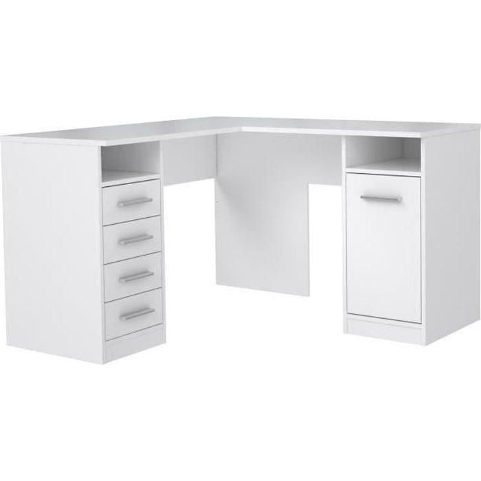 TOLEDE Escritorio de esquina 1 puerta 4 cajones - Decoración de papel blanco - L 125 x P 125 x H 75 cm TOLEDE Escritorio de esquina 1 puerta 4 cajones - Decoración de papel blanco - L 125 x P 125 x H 75 cm