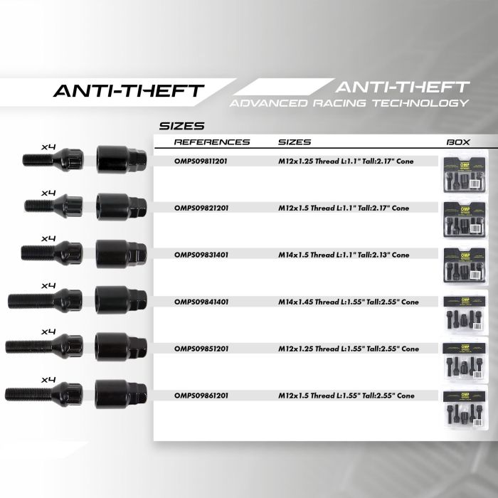 Omp Juego 4 Tornillos Antirrobo Llantas Omp M12x1.25 28 mm Forma Conica 4