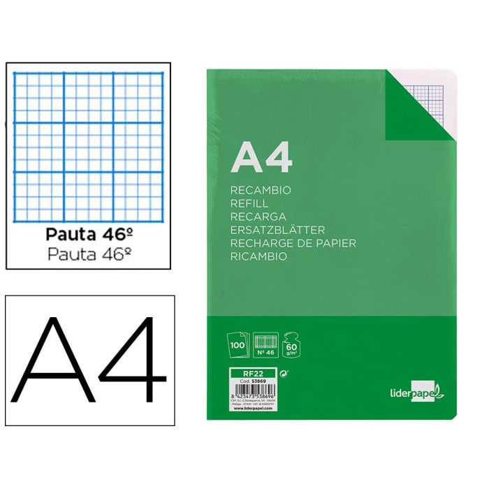 Recambio Liderpapel A4 100 Hojas 60 gr-M2 Rayado Nº 46 4 Taladros