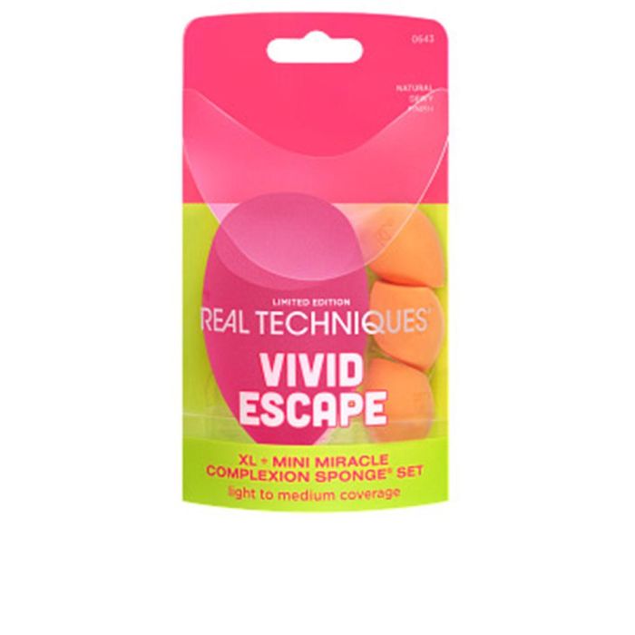 Real Techniques Vivid Escape XL + Mini Miracle Complexion Sponge Estuche 4 pz - Set de Esponjas de Maquillaje Edición Limitada para Base y Ojeras Real Techniques Vivid Escape XL + Mini Miracle Complexion Sponge Estuche 4 pz - Set de Esponjas de Maquillaje Edición Limitada para Base y Ojeras