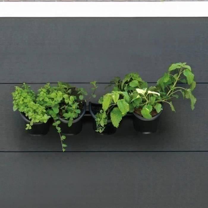 Jardinera de pared - Kit de pared compuesto por soporte de pared y 4 maceteros (1 L) - Negro - Dim A 15 x L 60 cm - NATURE 2