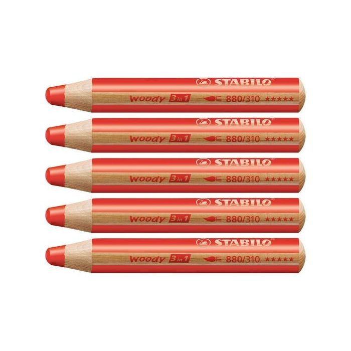 Stabilo Lápices De Colores Woody 3 En 1 Rojo Carmín Estuche 5 Ud Multifunción Pinta Sobre Diversas Superficies