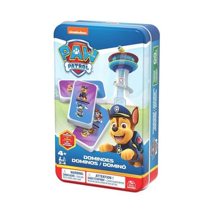 Spin Master 6067468 Dominó Patrulla Canina 28 Fichas Plástico en Caja Metal para Niños +4 Años 2