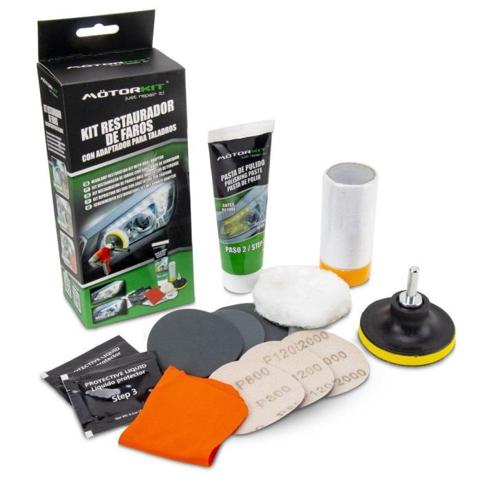 Motorkit Kit Restaurador Faros Adapt Taladro CS6 MOT1005 para Eliminar Degradación, Amarilleamiento y Arañazos en Plástico 0 Motorkit Kit Restaurador Faros Adapt Taladro CS6 MOT1005 para Eliminar Degradación, Amarilleamiento y Arañazos en Plástico 0