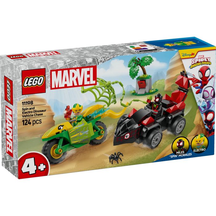 LEGO 11198 Spin y Electro: Duelo de Vehículos de Spidey y su Superequipo, Coche Estegosaurio y Moto Dilofosaurio, 2 Minifiguras 9