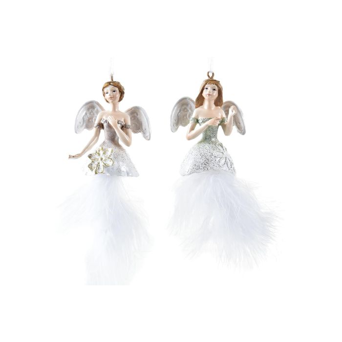 DKD Home Decor Decoración Colgante de Navidad Ángel Tradicional Blanco Dorado Resina Poliéster 4x7x6 cm - Set de 12 Unidades