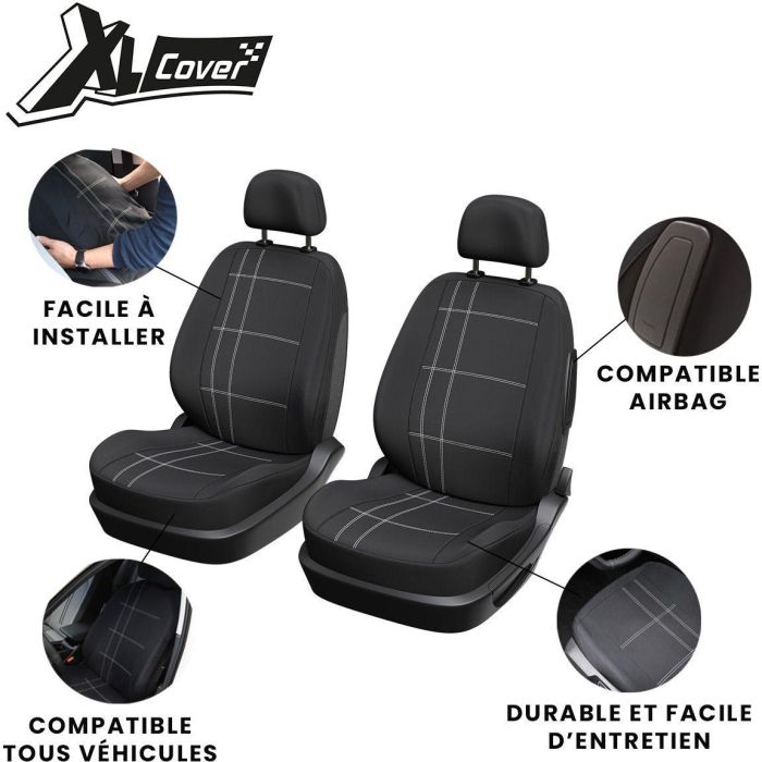 Juego de 2 fundas para asientos delanteros de coche - XLCOVER - Compatibles con airbags - Negras - Fundas para asientos y reposacabezas 5