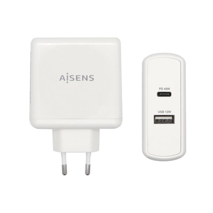 Aisens Cargador 57W, 1x USB-C PD3.0 45W, 1x USB-A 12W, Blanco