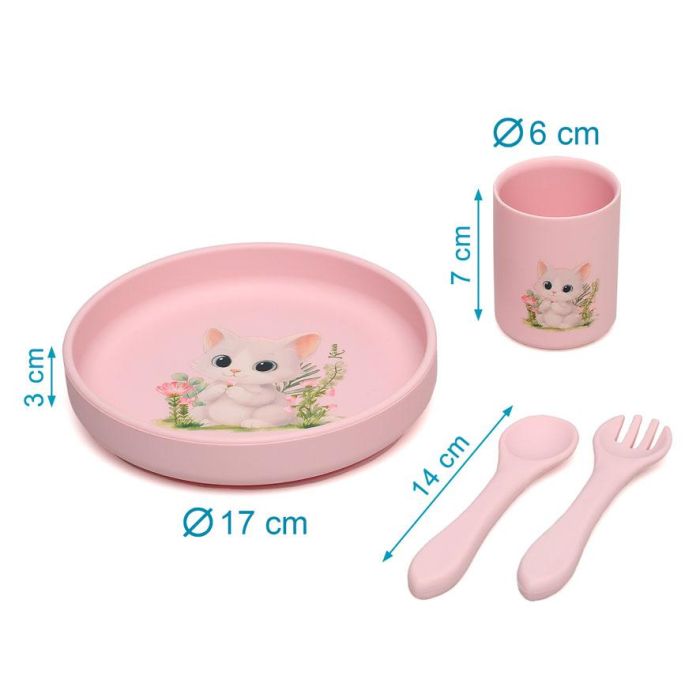 KioKids Set Vajilla Rosa de Silicona con Ventosa para Bebé, 4 Piezas, Plato Tenedor Cuchara y Vaso, Colección Lovely Friends, Edad +6 Meses