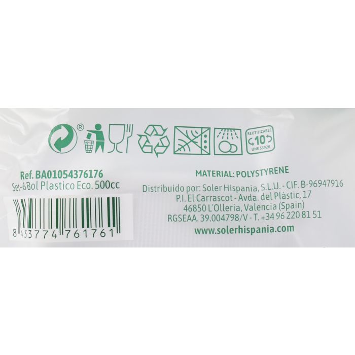 Algon Set de 6 Bols de Plástico Ecológico de 500 cc (36 Unidades) 5