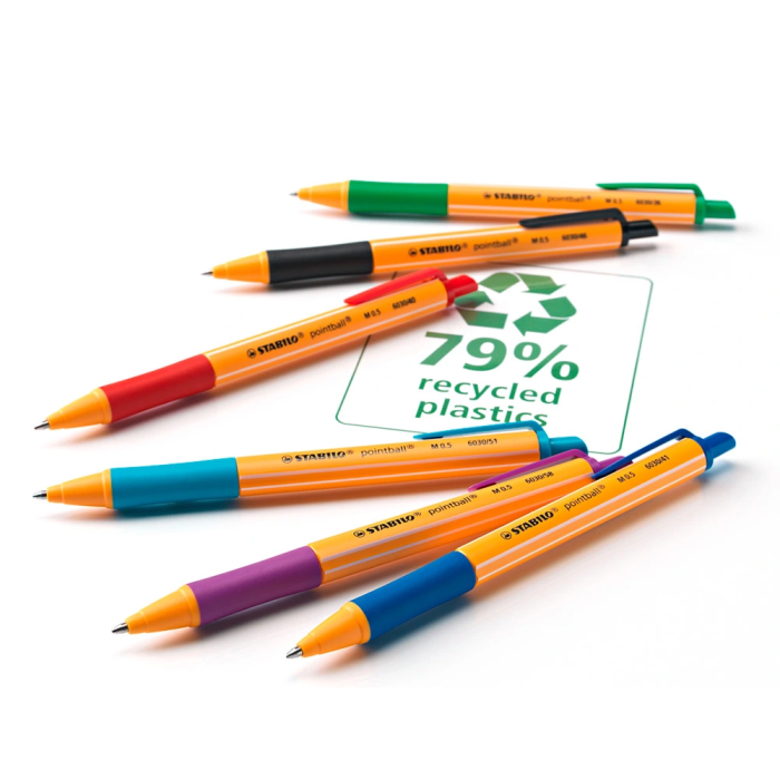 Stabilo Pointball Bolígrafo Retráctil, Punta 0.5 mm, Tinta Azul, 79% Plástico Reciclado 5