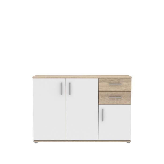 Mueble de almacenaje IKOLI - 3 puertas, 2 cajones - Decoración roble Sonoma y blanco - L119,6 x P31,4 x H81,7 cm - Tiradores de plástico 2 Mueble de almacenaje IKOLI - 3 puertas, 2 cajones - Decoración roble Sonoma y blanco - L119,6 x P31,4 x H81,7 cm - Tiradores de plástico 2