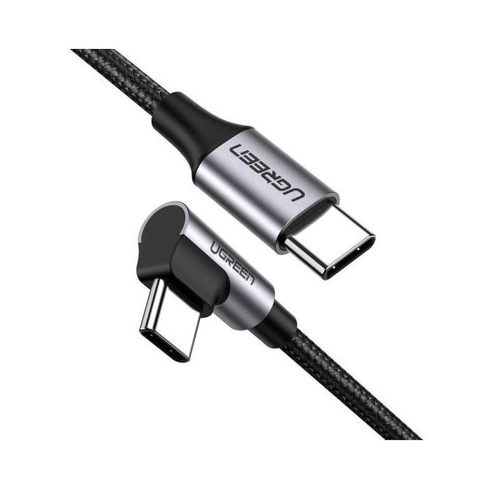 UGREEN Cable USB-C a USB-C Angulado 1m Gris Negro, Carga Rápida 60W, 480Mbps, Reversible para Smartphones/Tablets