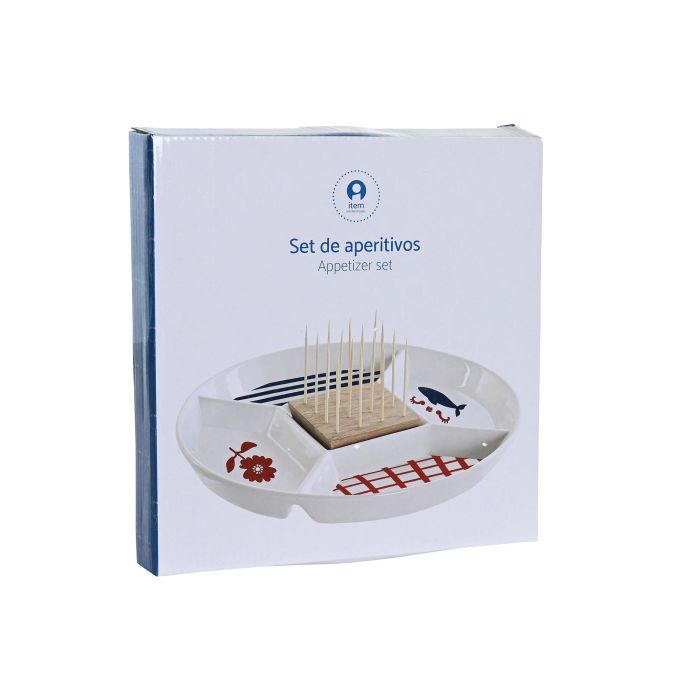 DKD Home Decor Aperitivo Mediterráneo Colección Casitas de Gres y Bambú, Azul, Rojo y Blanco, 23.5x23.5x7cm, Apto Lavavajillas 3