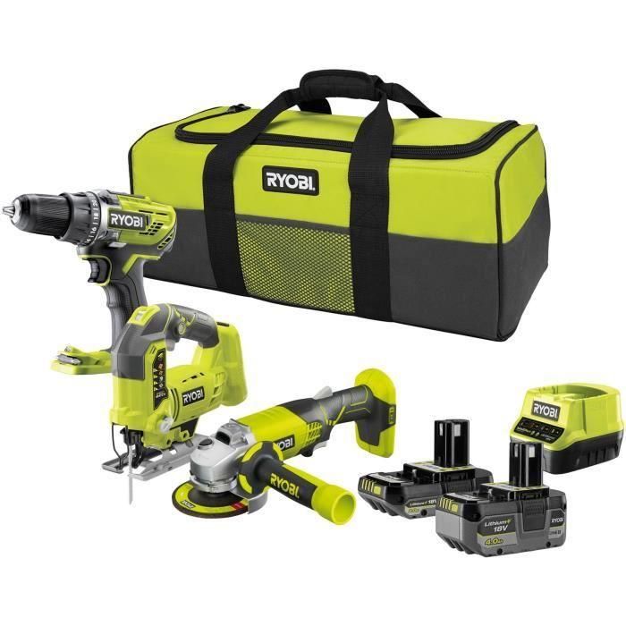 RYOBI 3 herramientas: 1 taladro-destornillador Brushless + 1 amoladora de 115 mm + 1 sierra de calar + 2 baterías 4 Ah y 2 Ah + 1 cargador y 1 bolsa