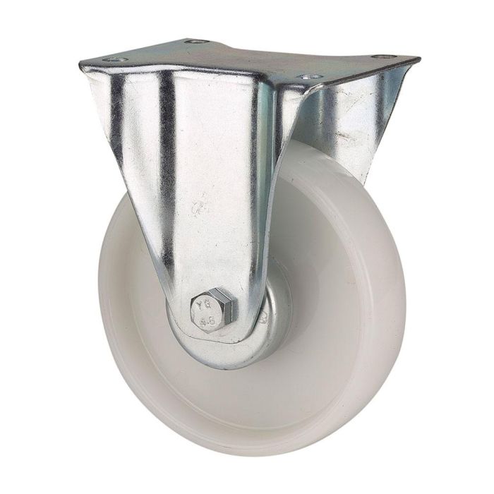 Rueda fija de poliamix con placa y eje liso, color blanco, carga máx. 170 kg, ø 12,5 cm Rueda fija de poliamix con placa y eje liso, color blanco, carga máx. 170 kg, ø 12,5 cm