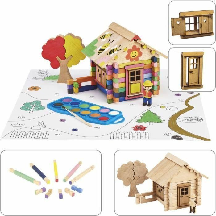 Jeujura JEU3225280809601 Cuadro Chalet 85 Piezas, Juego de Construcción Madera Natural, Accesorios y Pintura Incl. 26x24x9 cm 1