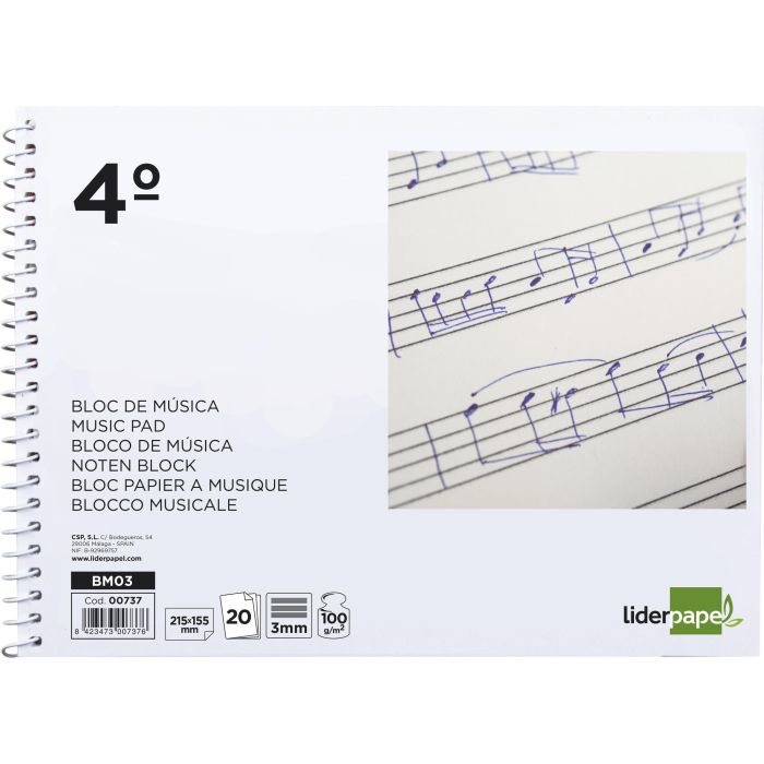 Bloc Musica Liderpapel Pentagrama 3 mm Cuarto 20 Hojas 100 gr-M2 2