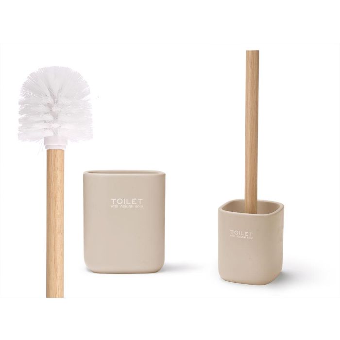 Berilo Escobillero Liso de Poliresina y Madera Beige de 9 x 37 x 9 cm con Mango de Madera y Cepillo Blanco (6 Unidades)