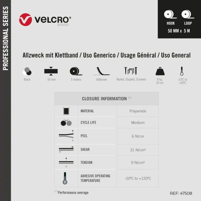 Velcro® Cinta de Cierre Ultrafuerte Adhesiva Negra 50 mm x 5 m para Sujeción de Cargas Pesadas