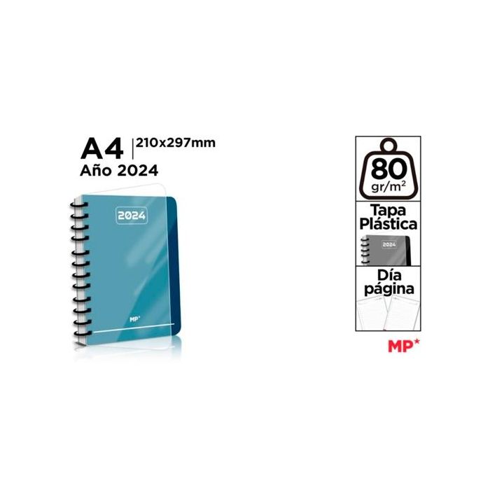 Mp agenda anual espiral día página a4 t/plástico c/con goma castellano 2024 azul