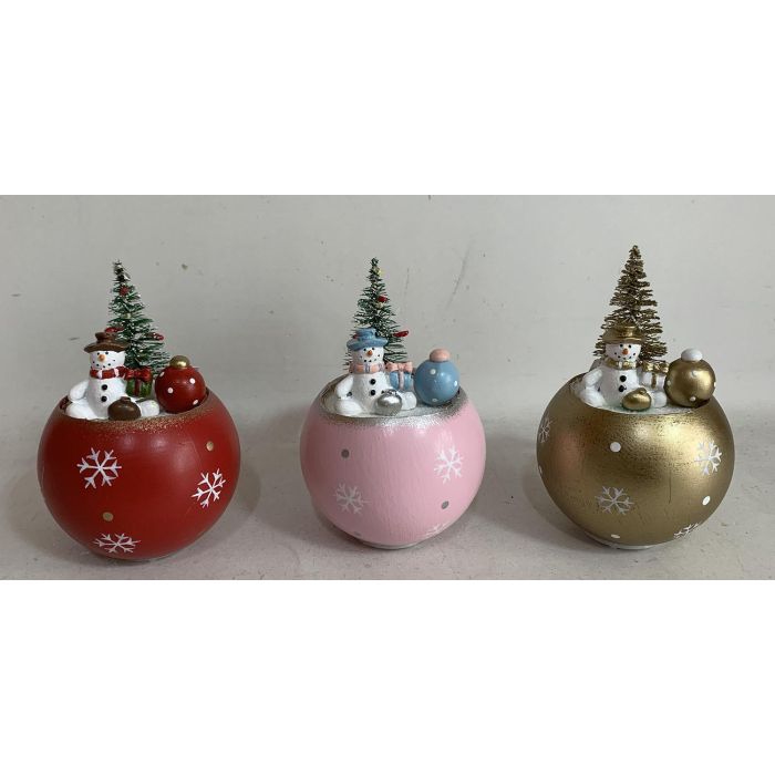 DKD Home Decor Figura Navidad Muñeco de Nieve Fantasía con luz LED MDF Rojo Rosa Dorado 8x11x8 cm (3 Unidades)
