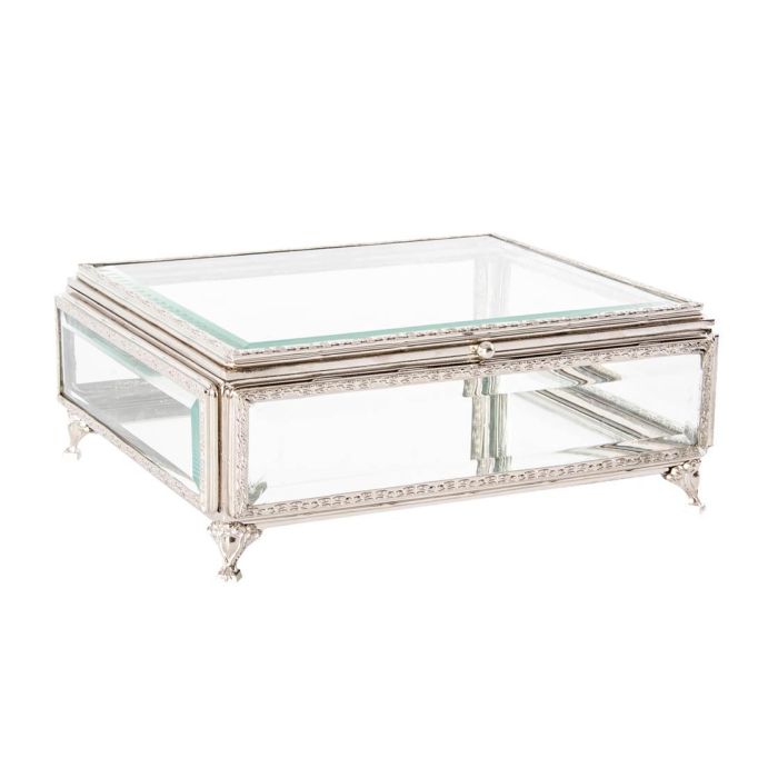 DKD Home Decor Joyero Tradicional de Cristal y Metal, Plateado Transparente, Acabado Brillante, 21 cm Largo x 10 cm Alto x 25 cm Ancho