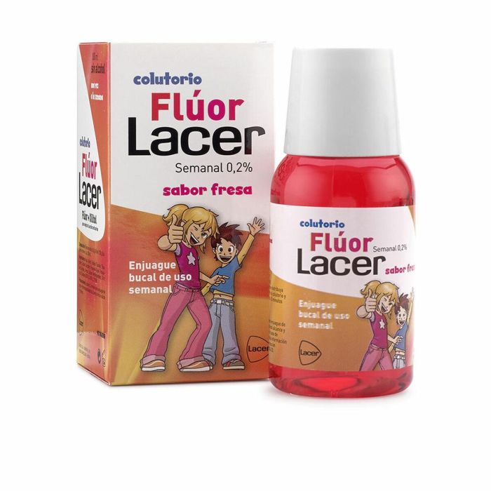 Lacer Colutorio Flúor semanal fresa 0,2% para Niños. Prevención Caries, Fortalece Esmalte dental y Remineraliza 100 ml