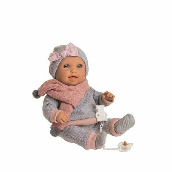 Muñeco baby susu interactivo con pijama gris y mecanismo. llora, rie y succiona el chupete 38 cm