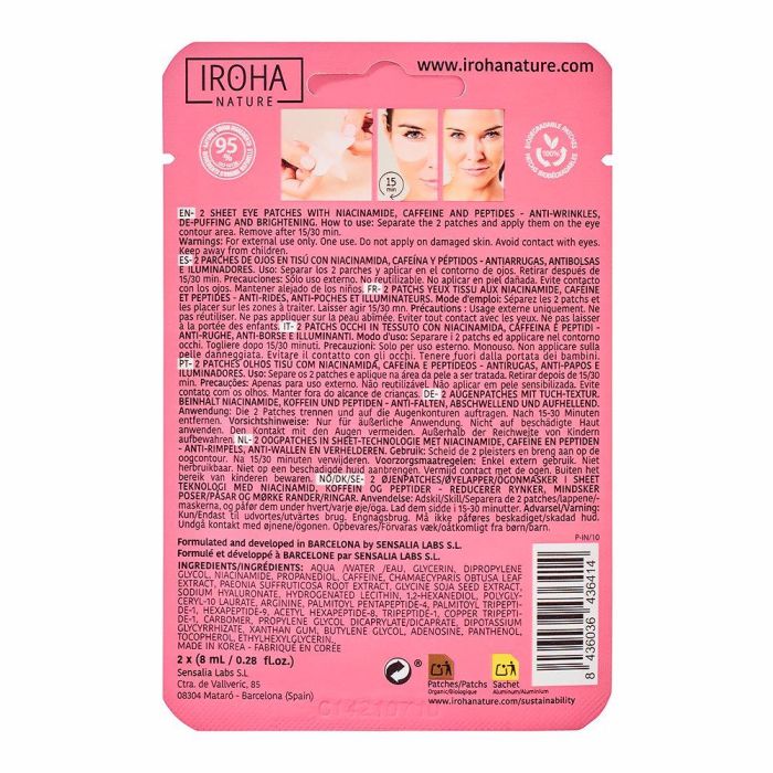 Iroha Niacinamide, Caffeine & Peptides Contorno de Ojos Anti Ojeras y Bolsas con Ácido Hialurónico 2 Uds